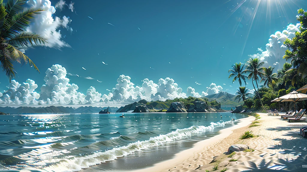 create a beach with white shells as far as the eye can see with coconut trees and yellowish gray sand