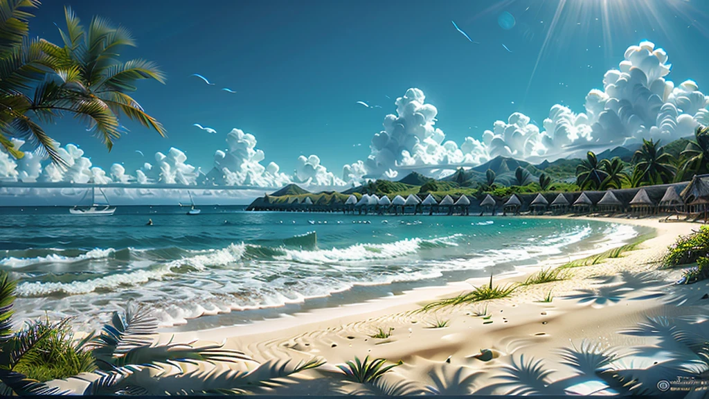 create a beach with white shells as far as the eye can see with coconut trees and yellowish gray sand