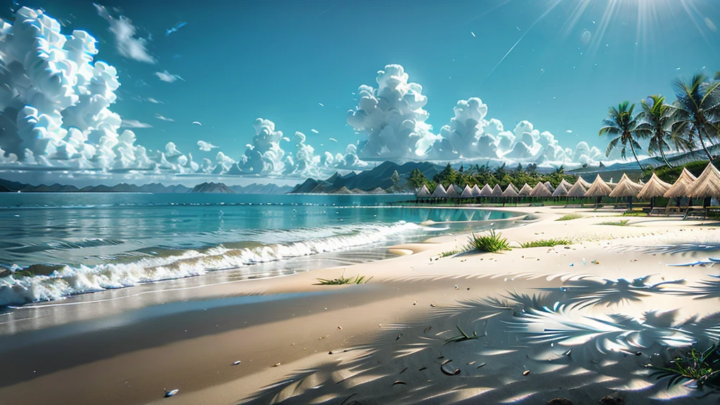 create a beach with white shells as far as the eye can see with coconut trees and yellowish gray sand