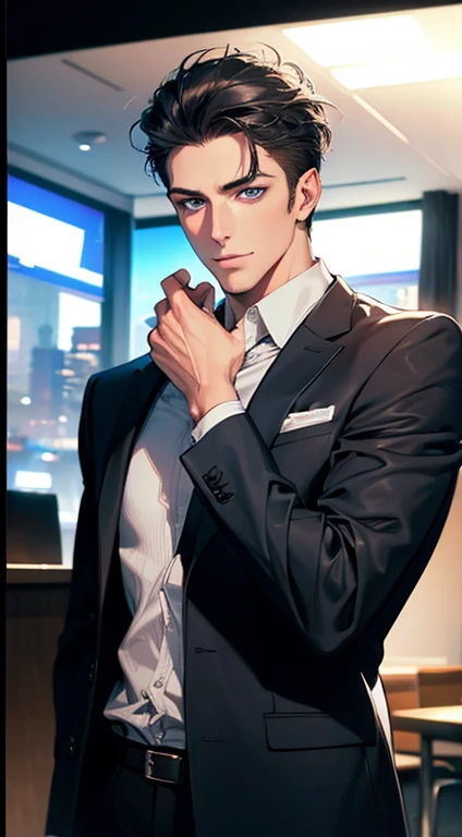 (best quality,4k,8k,highres,masterpiece:1.2),ultra-detailed,(realistic,photorealistic,photo-realistic:1.37),1 man,31 years old,mature man,very handsome,without expression,smile,short grey black hair,blue eyes,penetrating gaze,perfect face without errors,imposing posture,businessman,office background,cinematic lighting,hdr image