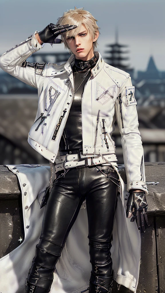 ((Final fantasy taste and reality graphics,)) (((Japanese young cute and cool ikemen boy))), his age is early 20s, thin eyebrows and beady eyes, (((((boy wearing off white color leather thick and heavy material jacket))))), (((((jacket is singlebrest))))), ((biker style jacket)), ((jacket is large size)),(((with epaulet))), ((((jacket is long sleeve)))), ((((zipped up leather jacket)))), , ((voluminous leather jacket)), ,((((jacket collar is high length and stand-up collar)))), ((((jackets collar with two belts)))), ((jacket is a little black color line pattern)), ((also wearing black and thick polyester turtleneck lackluster shirts)), ((((tight black long leather pants)))), (((((put black leather tight and thin glove on both hands))))),(((((leather glove is covered full fingers))))), ((black leather knee-high raceup boots)),(((((views head-to-toe))))),(((((must views whole body))))), ,((Do not show skin from the neck down)),leather jacket leather glove and leather pants have few wrinkles, Avoid showing your innerwear,zip up jacket fastner.must put on a leather glove.
Boy is black hair.boy looks like fashion model.