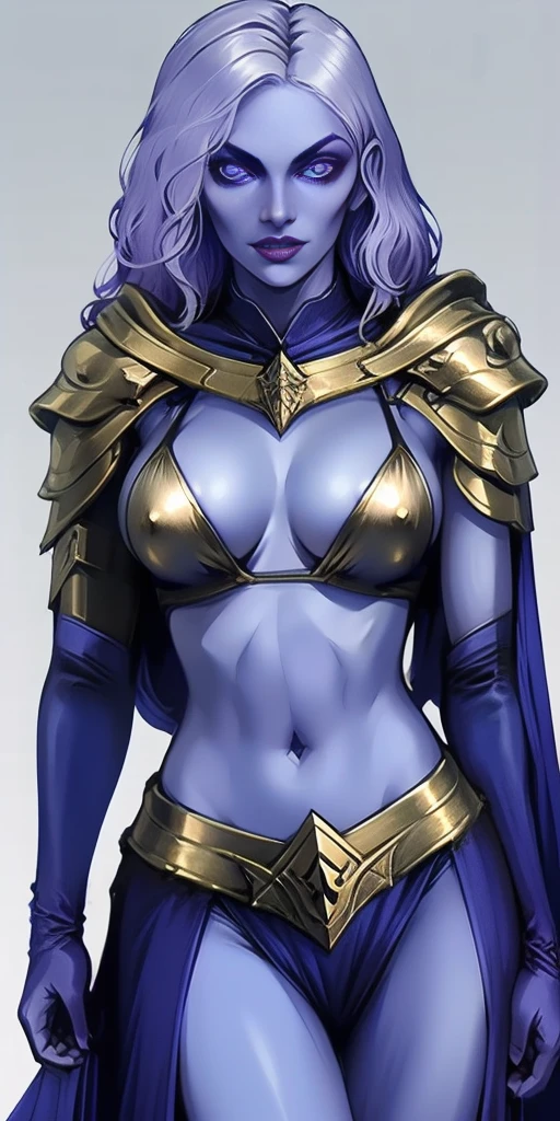 (Female drow slave bikini chest covered)(smile) Gray skin, pale golden hair and violet eyes. She prefer's clothing of white and silver with cloaks of deep blue or purple, grey background, huge_knockers, ((very precise detailed)) ((highres)