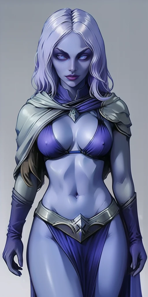 (Female drow slave bikini chest covered)(smile) Gray skin, pale golden hair and violet eyes. She prefer's clothing of white and silver with cloaks of deep blue or purple, grey background, huge_knockers, ((very precise detailed)) ((highres)