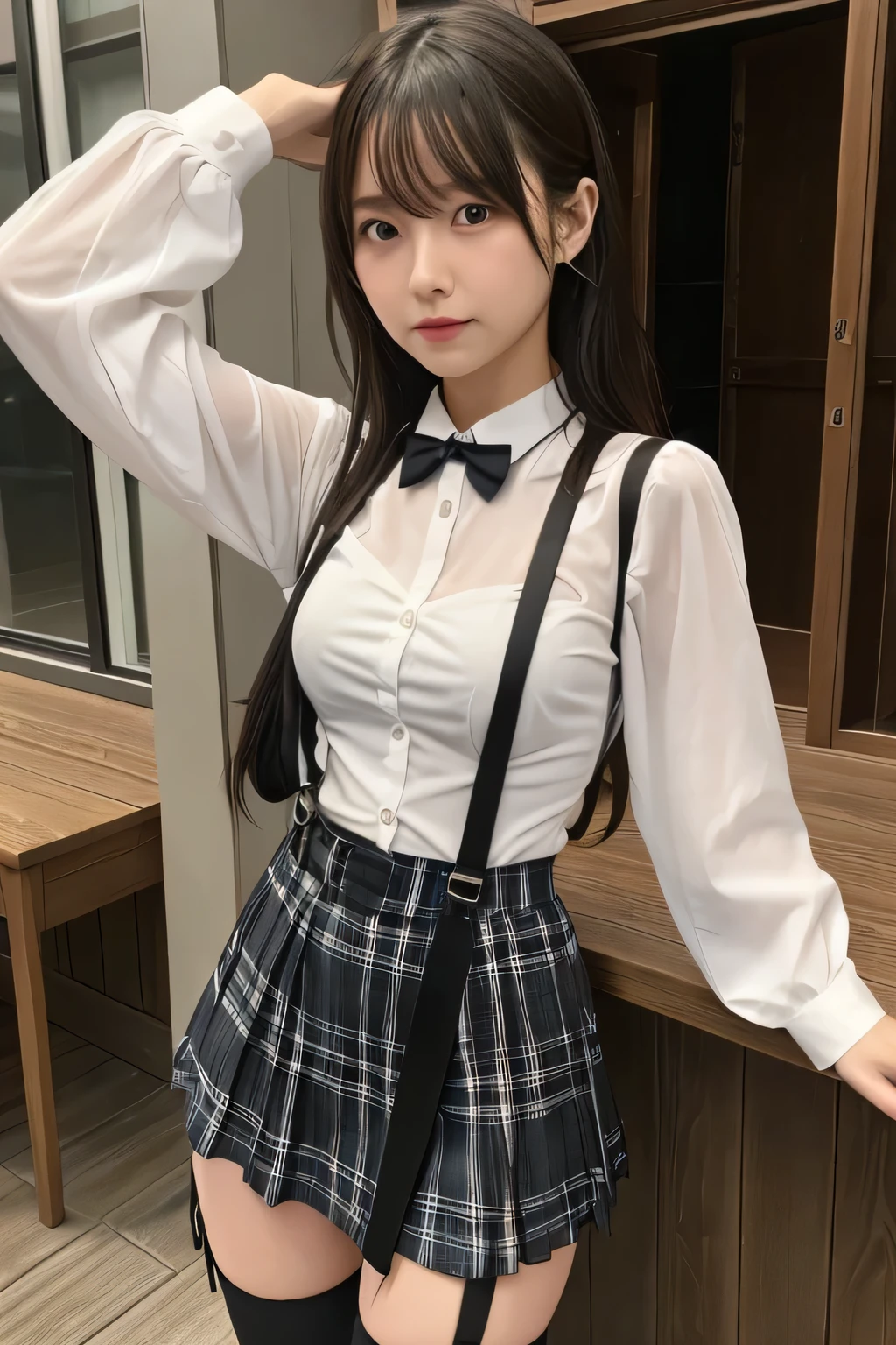 1 female, , high quality, masterpiece, Ultra-high resolution, Cinema Lighting, 1 female, , high quality, masterpiece, Ultra-high resolution, , Cinema Lighting, suspenders Moderate breasts Small face Looking up Sweat Thin belt buzzer 脇Sweat garter belt Belt on pants holster Hands behind your back Looking up Anxious face Knee-high Knee socks Knee-highソックス garter ふとももにgarter belt Checkered mini skirt Panty shot Skirt gap Armament holster holster Hands behind your back Anxious expression Anxious face, legs apart Armament Leg Holster holster See-through clothing heavy rain Rain-soaked dress shirt,Moderate breasts ガーターbelt suspenders Garter on the thigh Checkered mini skirt Looking up Pause belt Armpit sweat Hands behind back Raise your hands