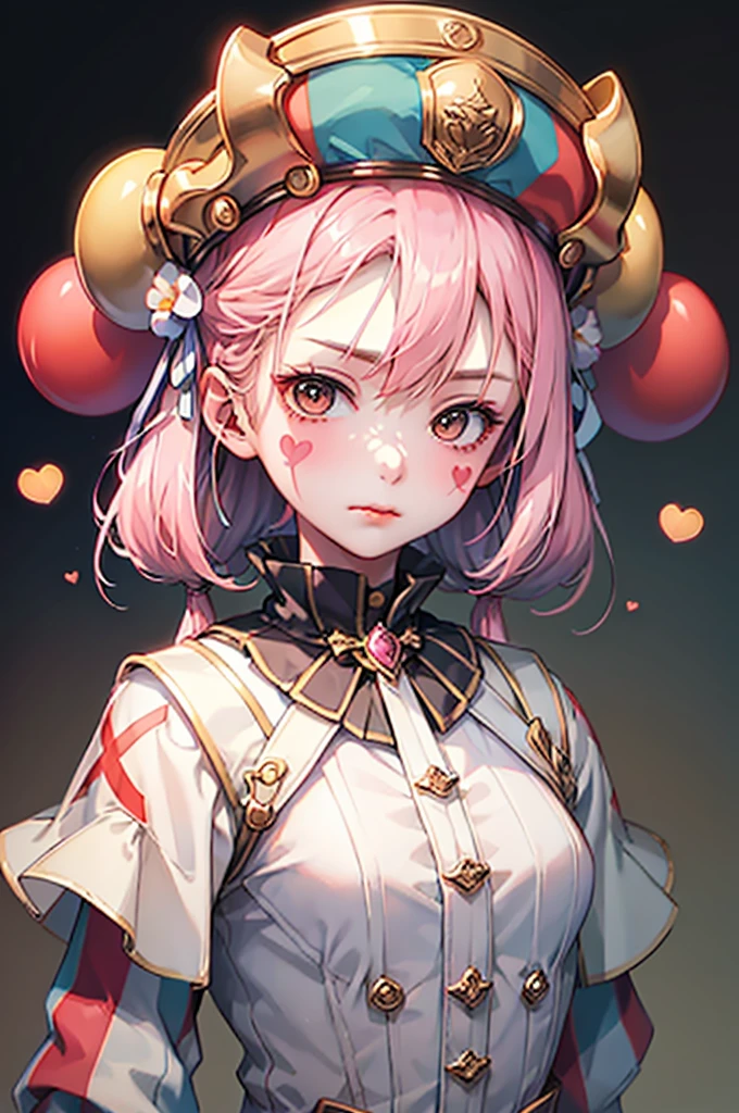 Hmph,Hmph,8k, Highest quality, Tabletop, Very detailed, Golden Hour Lighting, Physically Based Rendering, One Girl, alone,
clown. Trump,colorful, clownの帽子と花, Flower garden,Lots of flowers,clownの衣装, gloves, Heart drawn on the face, ((masterpiece))、(((Highest quality)))、((Super detailed))、((An illustration))、Attention to detail、Very detailed CG unity 8k、High resolution、美しいAttention to detail目、Attention to detail、美しいAttention to detail目,She is yellow、Purple stripes on the body, Painting his face white, Pink cross-eyed and orange mouth. She has two pink stars painted on her cheeks, Wearing a blue and red jester&#39;s hat with bells, Pink Eyes,(((Pink long hair))),(Happy), smile,cute,music, ((Notes floating around her🎶:1.2)) sing,White Face, Wavy Hair, Hair Bun, 
(Upper Body) whole body,