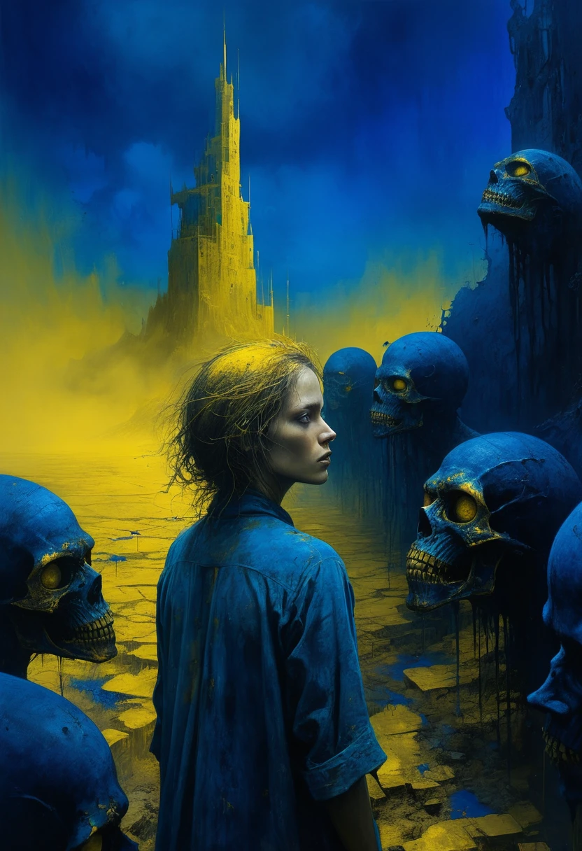 Face fitting full the canvas composed a world like a crazy dream on wastelands beyond fantasy, horror movie scene, dark deep blue and golden yellow, 4D, 8K, photorealistic, dreamlike, big and complex composition storytelling, masterpiece, artwork by Beksinski, artwork by Bernie Wrightson, artwork by Jeremy Mann, Surrealism, Impressionism