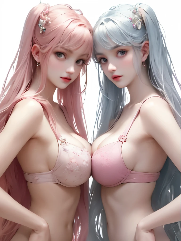 ((2girls)), ((Best Quality)), (Ultra-detailed), (extremely detailed CG unified 8k wallpaper), Highly detailed, High-definition raw color photos, Professional Photography, ((Beautiful big breasts)), ((bare breasts)), (Pink floral hair ornament), Peanut butter brown hair, Amazing face and eyes, Pink eyes, (amazingly beautiful girl), School, crass room, (See-through sheer microbra:1.6), (no panties:1.3), Cameltoe,