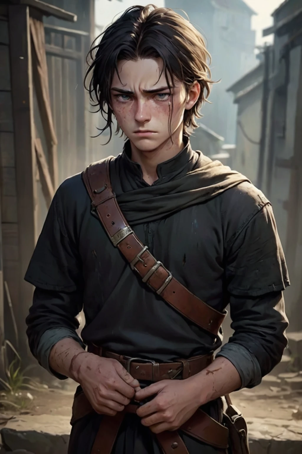 16 year old boy, with a youthful appearance but marked by the hard experiences he has lived through. His hair is dark, messy and may be a little longer than usual, with locks that fall on his forehead, reflecting lack of care due to their traumas. His eyes are intense, with an expression that shows both pain and determination. Color may be dark, with a brilliance that suggests emotional depth. His face has a serious and mature expression for his age., with lines of fatigue and worry. His jaw is firm, and his facial features are defined, showing signs of premature maturity due to their experiences. outfit: Wear simple dirty clothes, suitable for a young adventurer. A dark tunic, with worn details that indicate it has been through a lot. Clothing should have a practical appearance without unnecessary decorations. carries light pieces, like black gloves, that are not too ornate. These parts should have signs of wear, reflecting constant use and combat. His facial expression is serious and marked by sadness and fatigue.. Although he shows unwavering determination, His face also reveals the emotional burden he carries. May have a distant look, Like he's in his own world of pain.