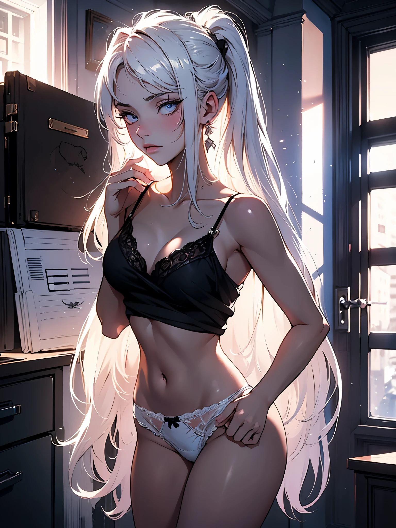 Portrait of a beautiful 18 year old ager, straight white hair, matte look, in cotton panties, on the porta, (dark private office, dark and melancholy light: 1.2)
