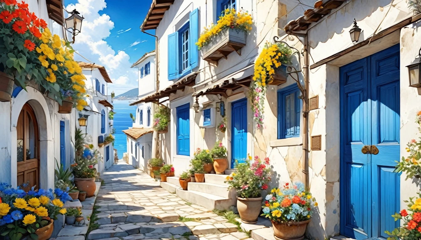 Historical masterpieces,(((White building and road、Blue door and window frame))),Narrow street with blue door and pots. Buildings and roads close up on white, Narrow Alley,Stairway,Streets of Tealstone, Mediterranean Village, ギリシャのWhite building and roadと青いドアや窓,, Beautiful images, 8k)), Greek Style, Vibrant colors with attention to detail, Ancient , Beautifully drawn, Colorful scene,beautiful retro art, by Bencho Obreshkov, Colourful and detailed, 8k)), Watercolor style, super Realistic painting style, Detailed 4K painting, Realistic painting style, Awesome Wallpapers,There is no one, ((窓から鮮やかなLots of flowers))、(Lots of flowers),Fantasy World,Blue sky, pure white clouds and lots of yellow flowers