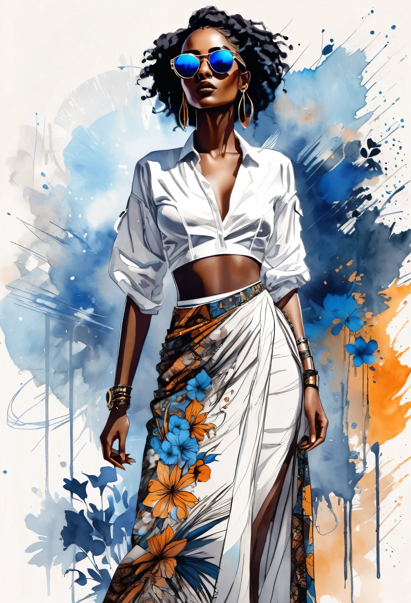 "Full body, water colors, ink drawing, beautiful cyberpunk Sudanese woman, wearing smart digital sunglasses, clean defined delicate features, stylish bohemian top and long skirt, floral background, in the style of Afrofuturism