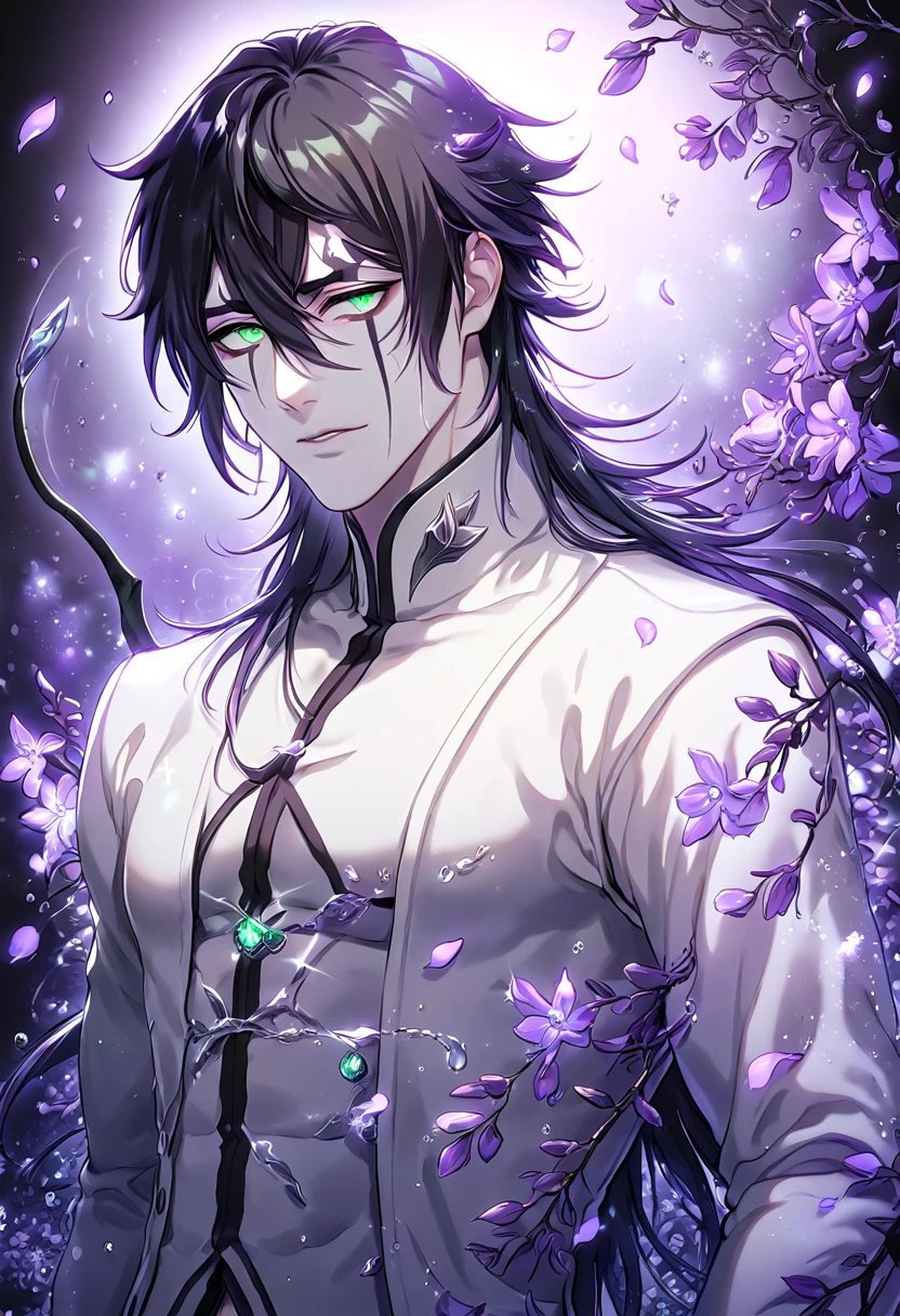 Ultra detailed, HDR, Highres, absurdres, master piece, Ulquiorra Cifer, black hair, expressive green eyes, white clothes, pale skin, bleach, sexy man, handsome, purple flowers, petals, fantasy, magical, purple leaves, handsome, best quality, glittering, manly man, sensual, ?????, water, purple shining fireflies,