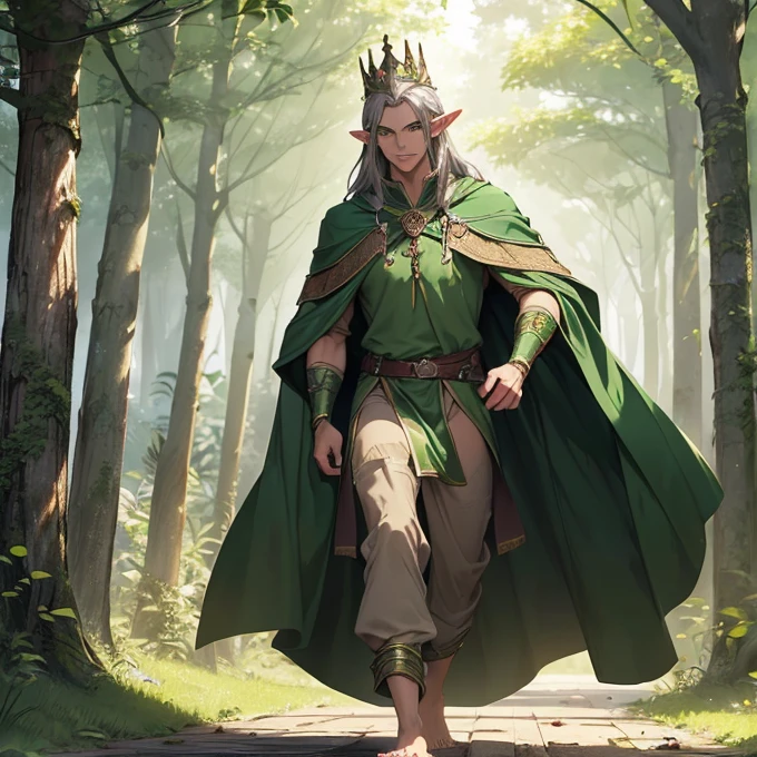 (absurdres, best high quality image, carefuly detailed features and textures, very detailed image, solo character alone, full character front view): {{(1character: 1.000 years old male mature beautiful elf king), (tall and muscular, dark brown long hair, green eyes with black pupils, pointy elf ears, dark tanned skin, handsome beautiful male, sexy masculinity), (green tunic, golden cloak, wooden crown with green leafs, grey pants, barefoot), (smile, relaxed face, calm expression, walking through the fores at afternoon), (beautiful forest of elves and green nature, green trees, blue flowers, silver lakes of water)}}