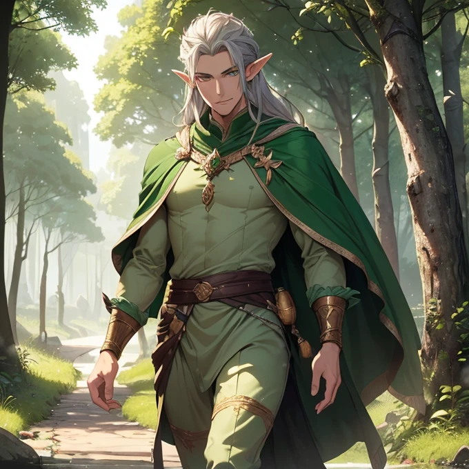 (absurdres, best high quality image, carefuly detailed features and textures, very detailed image, solo character alone, full character front view): {{(1character: 1.000 years old male mature beautiful elf king), (tall and muscular, dark brown long hair, green eyes with black pupils, pointy elf ears, dark tanned skin, handsome beautiful male, sexy masculinity), (green tunic, golden cloak, wooden crown with green leafs, grey pants, barefoot), (smile, relaxed face, calm expression, walking through the fores at afternoon), (beautiful forest of elves and green nature, green trees, blue flowers, silver lakes of water)}}