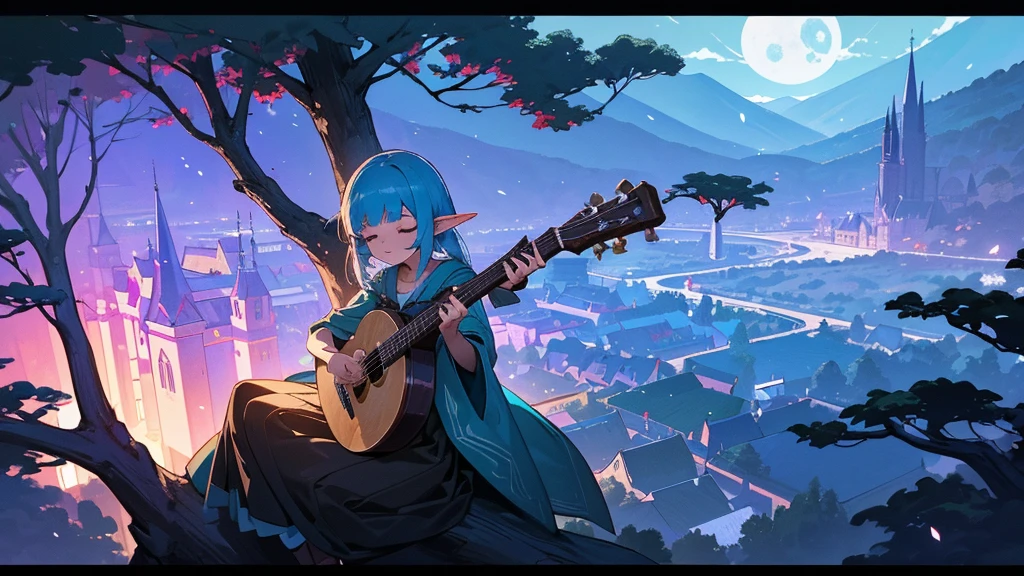 (((From diagonally left behind))), solo, Anime Elf girl playing banjo while sitting gracefully on a tree branch ,magical atmosphere, panoramic fantasy night landscape,  town in the forest can be seen, with charming houses, winding streets illuminated by moonlight, closed eyes, she wear long witch outfit