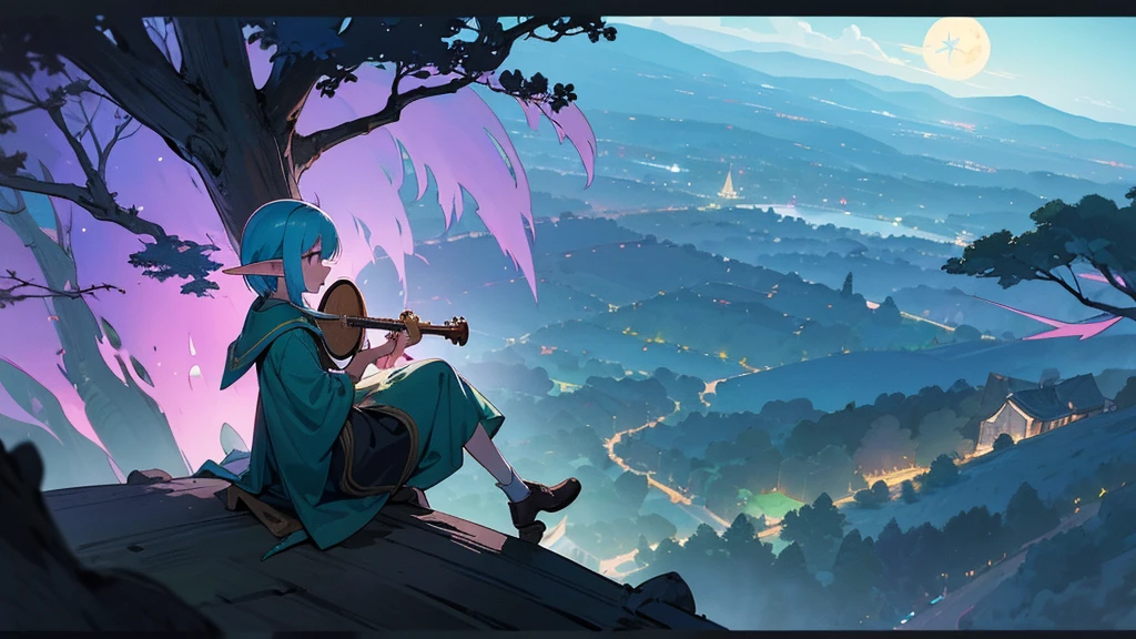 (((From diagonally left behind))), solo, Anime Elf girl playing banjo while sitting gracefully on a tree branch ,magical atmosphere, panoramic fantasy night landscape, town in the forest can be seen, with charming houses, winding streets illuminated by moonlight, closed eyes, she wear long witch outfit