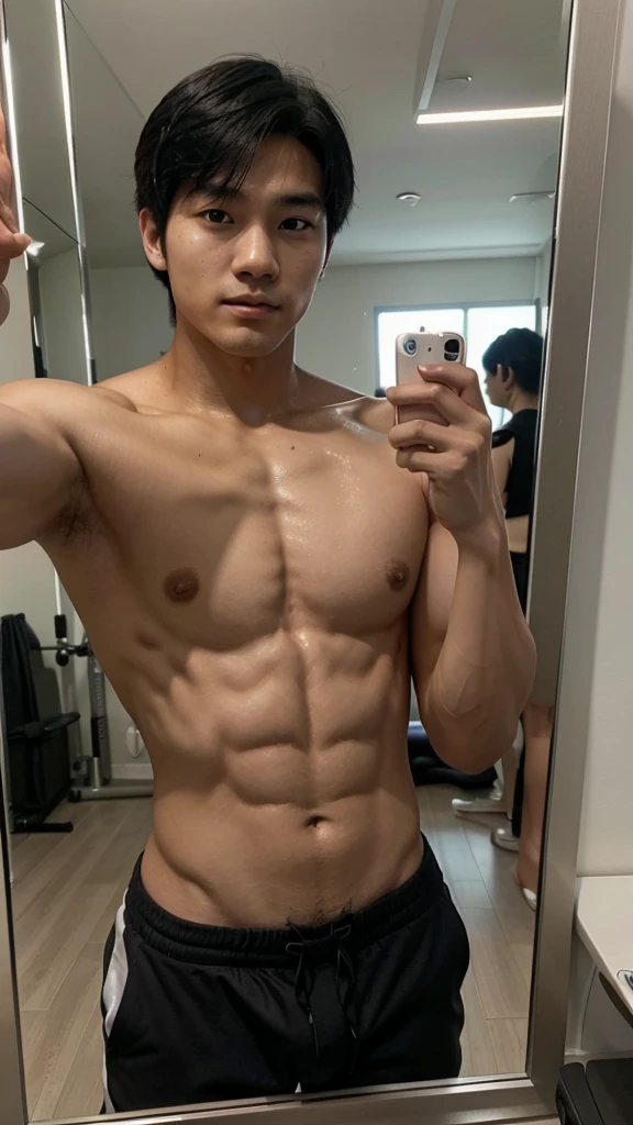 Photo of young Korean man aged 20 with medium muscle, Bblack hair,de corpo inteiro,inspired no ator lee jun-ho , taking selfie in a gym in the mirror, mirror view,8 K , ultra realisitic.