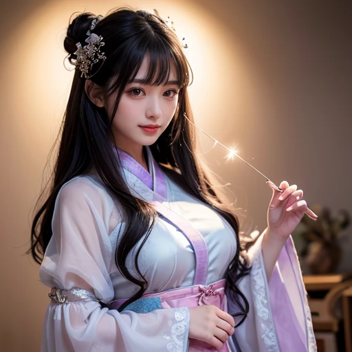 best quality, Delicate face,beautiful visual work, lifelike, eternity, black hair, Long curly hair, blunt bangs, Smile, Detailed Background, Delicate face,blush,cold,((masterpiece))、(top quality)、8k、high detail、Super detailed,21 years old female,身穿唐制Hanfu、waist skirt, Clothes are light and fluffy,Hanfu, wide sleeves, Transparent sleeves, Tunic, Clothes made of chiffon, Seductive and whimsical style、masterpiece、born、Scenes resembling fairy tale illustrations、intricate details和複雜的設計、Beautifully、magic、capricious、 Beautifully、Dream aesthetics、「𝓡𝓸𝓶𝓪𝓷𝓽𝓲𝓬、ethereal、charming、fickle、magic」、realism、Visual effects、FXAA、SSAO、Shader、voiceless、ambient lighting、Tone mapping、High resolution、Ultra high quality、Million pixels、(8K resolution:1.10)、8k、8k以下、8K resolution、high detail、intricate details, (high quality:1.2、masterpiece:1.2、:1.21)、(21 years old female:1.21)、(興奮地Smile)、(被dream般的氛圍所包圍、Model diagram,full-body shot,Normal 2 feet,Put your hands behind you,The protrusion of the breast is visible when wearing clothes, Large Breasts, H cup chest, antiquity, Xian Xia, gauze clothes, Soft and fluttering, Fairy, dream, fantasy, light, Elegant, nature, Immortal, romantic, classical, ribbon, light purple clothes, By the stream