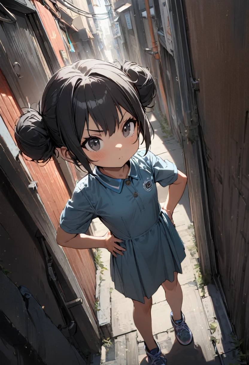 (((1girl))), ((little girl)), whole body, perfect face, small breasts, (short hair), black hair, black eyes,hand on hip,determined, incline one's head, double bun, alley, masterpiece, best quality, high details, anatomically correct, high quality, best quality, dynamic angle