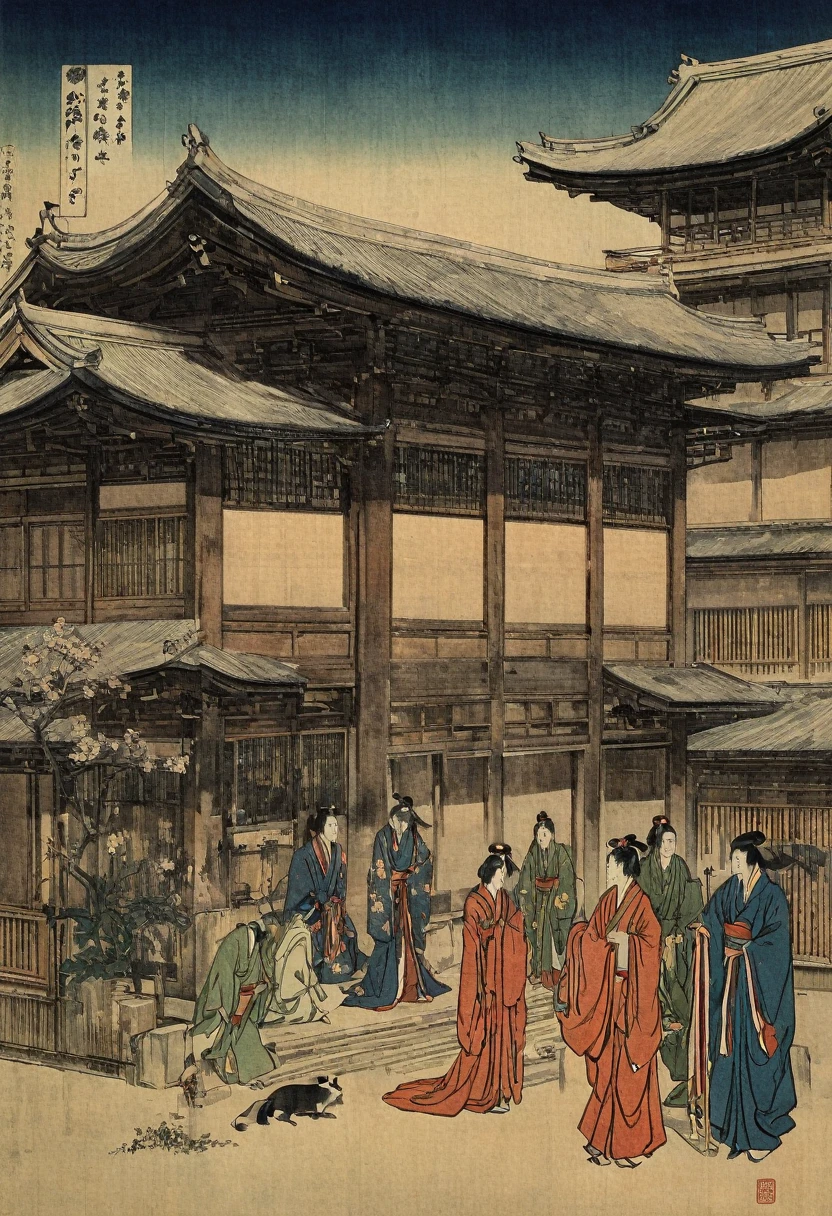 The Imperial Court in the Heian Period、Abe no Seimei dressed as an onmyoji、Pentagram behind