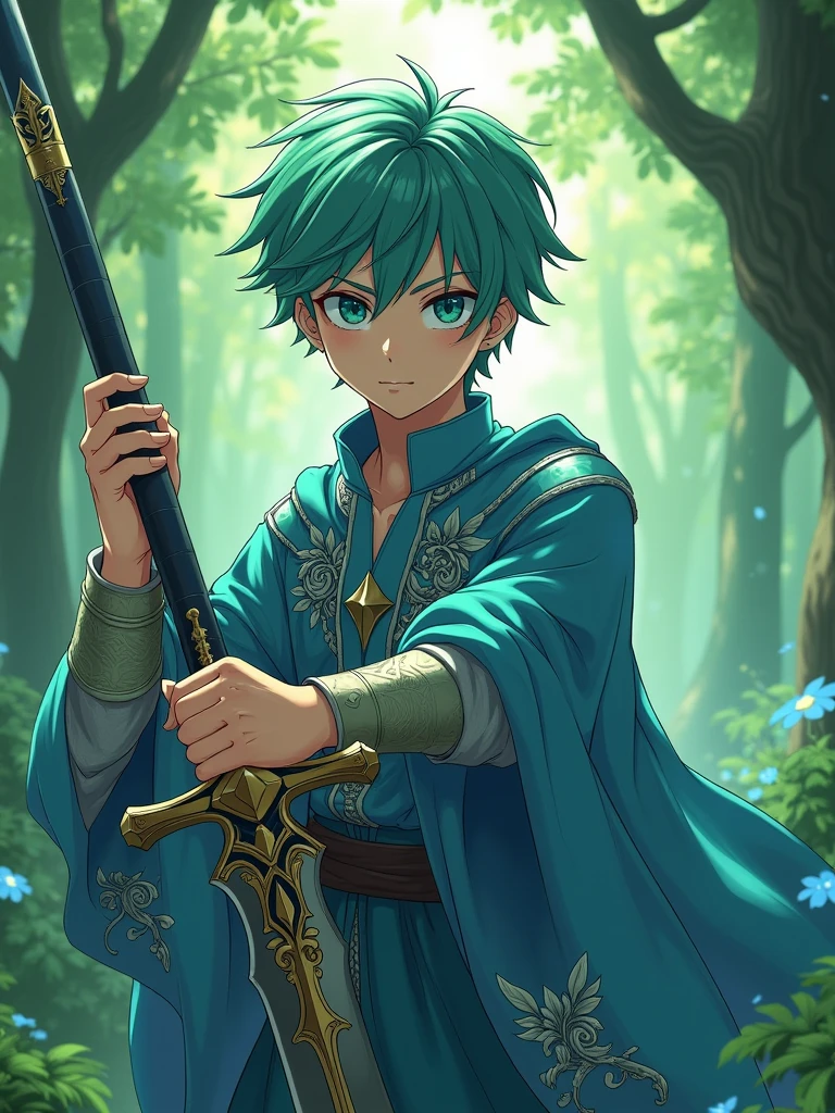 A 20-year-old fantasy anime-style character, with aqua-colored hair and large, captivating green eyes standing in a verdant, magical forest. He is wearing a blue robe with intricate silver designs, and he holds a majestic, ornate sword in his hands, reflecting the light that penetrates the canopy above. His expression is serious, showing a determination that underlines the quality of a seasoned warrior.