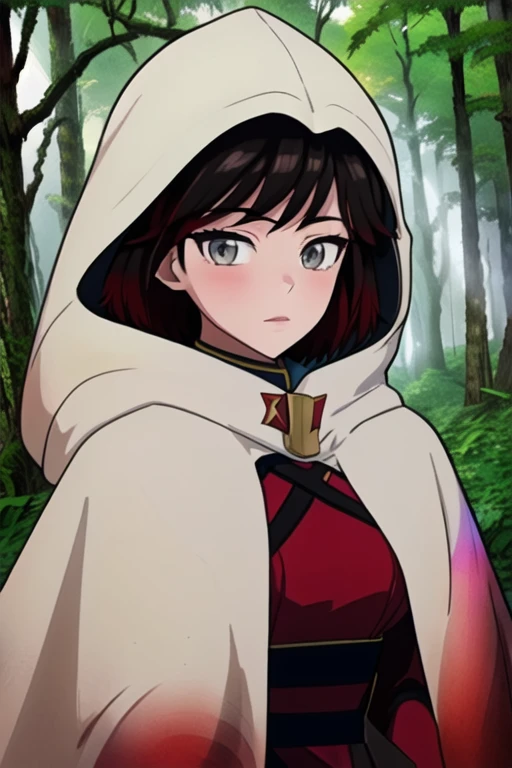 srwby, short hair, black hair, red hair, white cloak, white cape, long cape, gradient hair, grey eyes, Solo, 1girl, Looking at viewer, Masterpiece, Best Quality, forest, hood up