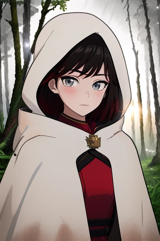 srwby, short hair, black hair, red hair, white cloak, white cape, long cape, gradient hair, grey eyes, Solo, 1girl, Looking at viewer, Masterpiece, Best Quality, forest, hood up