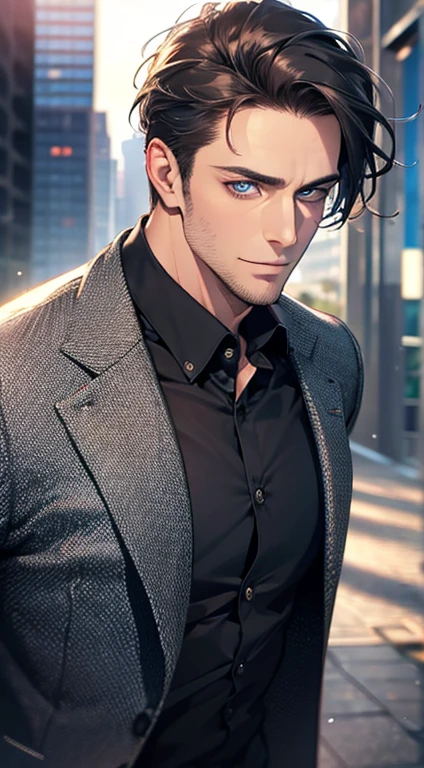 (best quality,4k,8k,highres,masterpiece:1.2),ultra-detailed,(realistic,photorealistic,photo-realistic:1.37),1 man,31 years old,mature man,very handsome,without expression,smile,short grey black hair,blue eyes,penetrating gaze,perfect face without errors,imposing posture,businessman,office background,cinematic lighting,hdr image