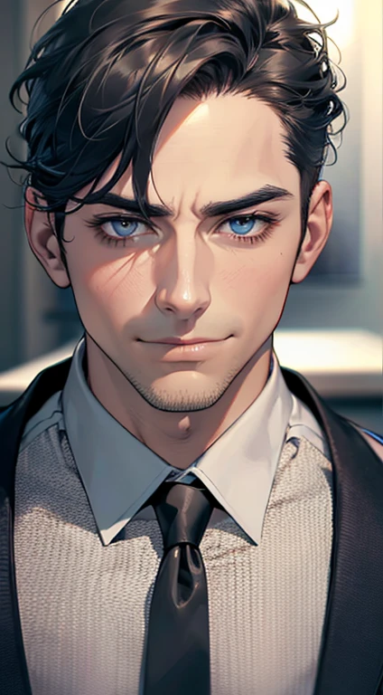 (best quality,4k,8k,highres,masterpiece:1.2),ultra-detailed,(realistic,photorealistic,photo-realistic:1.37),1 man,31 years old,mature man,very handsome,without expression,smile,short grey black hair,blue eyes,penetrating gaze,perfect face without errors,imposing posture,businessman,office background,cinematic lighting,hdr image