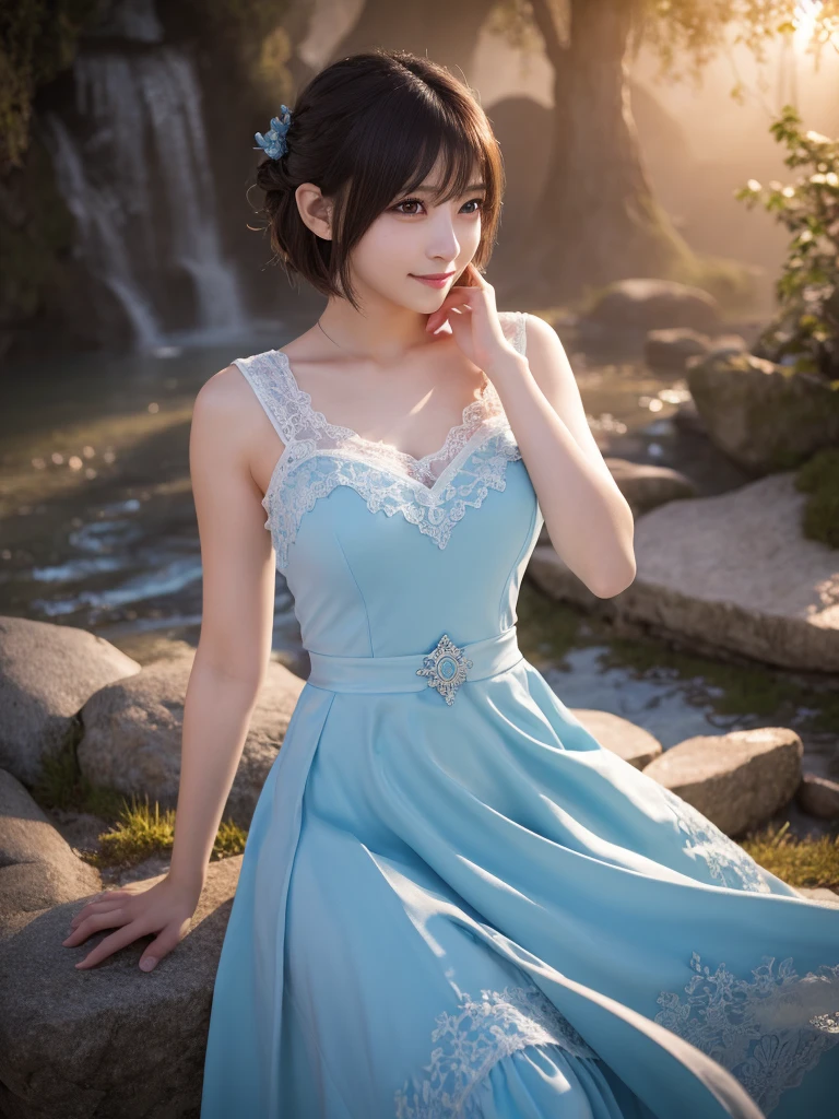 フェイスクローズアップ,beautiful detailed eyes, droppy eyes,beautiful detailed lips, extremely detailed eyes and face, long eyelashes, 1japanese girl, fantasy character, (Final Fantasy, yuuna),smile,short hair,elegant white dress,break, blue long skirt,break,magical girl, highly detailed, fantasy landscape, dramatic lighting, glowing effects, mist, intricate details, volumetric lighting, cinematic composition, hyper realistic, 8k, best quality, masterpiece, photorealistic,Highres fix