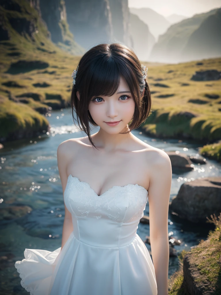 tabletop,face light,beautiful detailed eyes, droppy eyes,beautiful detailed lips, extremely detailed eyes and face, long eyelashes, 1japanese girl, fantasy character, (Final Fantasy, yuuna),smile,short hair,elegant white dress,break, blue long skirt,break,magical girl, highly detailed, fantasy landscape, dramatic lighting, glowing effects, mist, intricate details, volumetric lighting, cinematic composition, hyper realistic, 8k, best quality, masterpiece, photorealistic,Highres fix