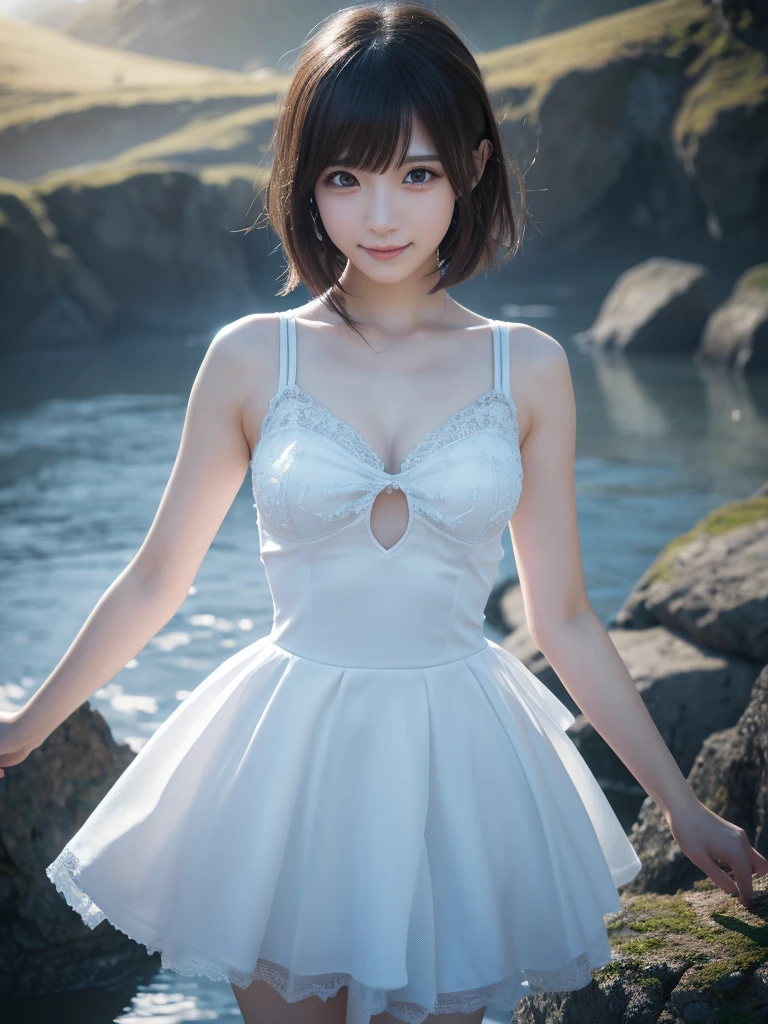 tabletop,face light,beautiful detailed eyes, droppy eyes,beautiful detailed lips, extremely detailed eyes and face, long eyelashes, 1japanese girl, fantasy character, (Final Fantasy, yuuna),smile,short hair,elegant white dress,break, blue long skirt,break,magical girl, highly detailed, fantasy landscape, dramatic lighting, glowing effects, mist, intricate details, volumetric lighting, cinematic composition, hyper realistic, 8k, best quality, masterpiece, photorealistic,Highres fix