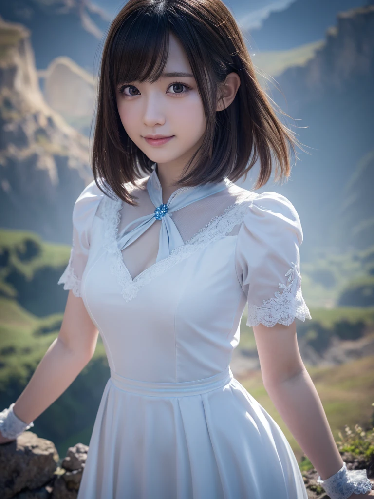 フェイスクローズアップ,beautiful detailed eyes, droppy eyes,beautiful detailed lips, extremely detailed eyes and face, long eyelashes, 1japanese girl, fantasy character, (Final Fantasy, yuuna),smile,short hair,elegant white dress,break, blue long skirt,break,magical girl, highly detailed, fantasy landscape, dramatic lighting, glowing effects, mist, intricate details, volumetric lighting, cinematic composition, hyper realistic, 8k, best quality, masterpiece, photorealistic,Highres fix