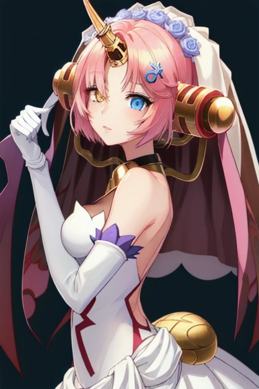 frankenstein_fgo, horns, single_horn, mechanical_horns, pink_hair, short_hair, blue_eyes, veil, breasts, white gloves, long skirt, yellow_eyes, heterochromia, hair_over_one_eye, hair_ornament