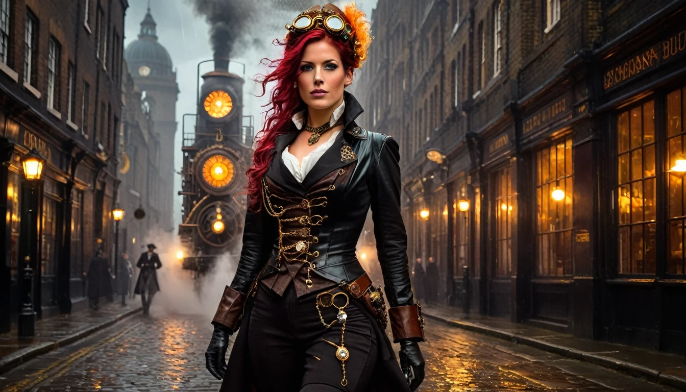 London street in the late 1800s, but with a steampunk twist. Think towering clockwork buildings with smokestacks puffing out steam, gaslight lamps casting an orange glow, and airships gliding silently overhead. Cobblestones slick with rain reflect the gaslight and bustling activity. Character: A beautiful woman with an air of confidence and purpose. Describe her distinct features and steampunk attire. Here are some options: Crimson hair cascading down her shoulders, adorned with gears and a miniature brass monocle perched on one eye. Dressed in a long, flowing coat of worn leather, accented with polished brass buckles and intricate clockwork patterns woven into the fabric. Goggles rest on her forehead, and sturdy riding boots with built-in steam pistons propel her bicycle