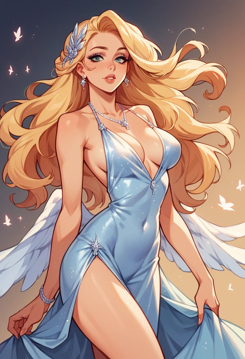 skinny blonde girl , huge tits , big , whole body , seducing , evening gown , neckline , beautiful , sexy , angelic , innocent