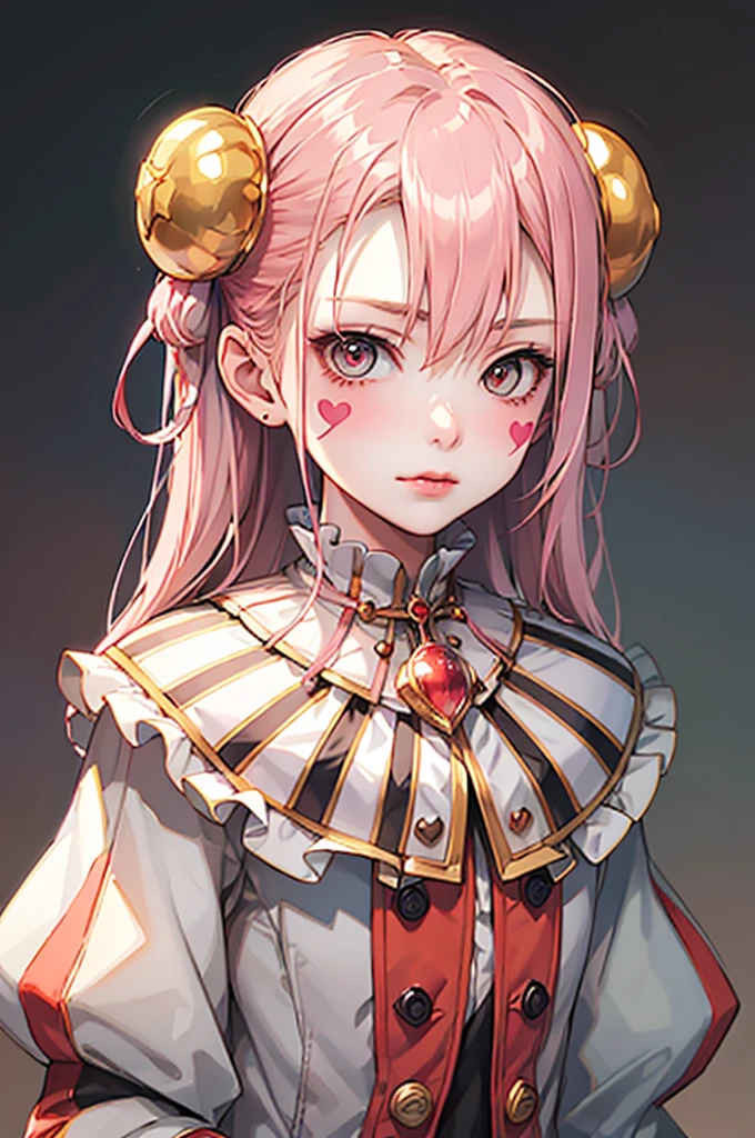 Hmph,Hmph,8k, Highest quality, Tabletop, Very detailed, Golden Hour Lighting, Physically Based Rendering, One Girl, alone,
clown. Trump,colorful, (((clownの帽子))), Flower garden,Lots of flowers,clownの衣装, gloves, Heart drawn on the face, ((masterpiece))、(((Highest quality)))、((Super detailed))、((An illustration))、Attention to detail、Very detailed CG unity 8k、High resolution、美しいAttention to detail目、Attention to detail、美しいAttention to detail目,She is yellow、Purple stripes on the body, Painting his face white, Pink cross-eyed and orange mouth. She has two pink stars painted on her cheeks, Wearing a blue and red jester&#39;s hat with bells, Pink Eyes,(((Pink long hair))),(Happy), smile,cute,music, ((Notes floating around her🎶:1.2)) sing,White Face, Wavy Hair, Hair Bun, 
(Upper Body) whole body,