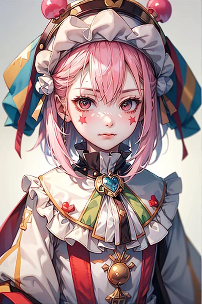 Hmph,Hmph,8k, Highest quality, Tabletop, Very detailed, Golden Hour Lighting, Physically Based Rendering, One Girl, alone,
clown. Trump,colorful, clownの帽子と花, Flower garden,Lots of flowers,clownの衣装, gloves, Heart drawn on the face, ((masterpiece))、(((Highest quality)))、((Super detailed))、((An illustration))、Attention to detail、Very detailed CG unity 8k、High resolution、美しいAttention to detail目、Attention to detail、美しいAttention to detail目,She is yellow、Purple stripes on the body, Painting his face white, Pink cross-eyed and orange mouth. She has two pink stars painted on her cheeks, Wearing a blue and red jester&#39;s hat with bells,(Hair Ribbon:0.4), Pink Eyes,(((White bun hair))),(((Pink long hair))),(Happy), smile,cute,music, ((Notes floating around her🎶:1.2)) sing,White Face, Wavy Hair, Hair Bun, 
(Upper Body) whole body,