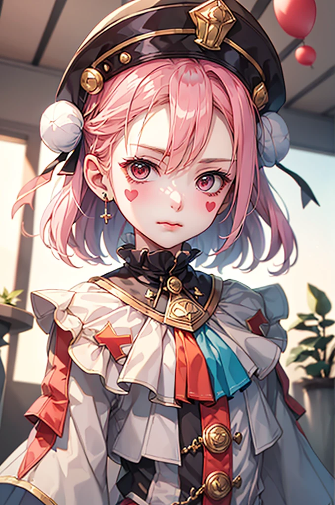 Hmph,Hmph,8k, Highest quality, Tabletop, Very detailed, Golden Hour Lighting, Physically Based Rendering, One Girl, alone,
clown. Trump,colorful, (((clownの帽子))), Flower garden,Lots of flowers,clownの衣装, gloves, Heart drawn on the face, ((masterpiece))、(((Highest quality)))、((Super detailed))、((An illustration))、Attention to detail、Very detailed CG unity 8k、High resolution、美しいAttention to detail目、Attention to detail、美しいAttention to detail目,She is yellow、Purple stripes on the body, Painting his face white, Pink cross-eyed and orange mouth. She has two pink stars painted on her cheeks, Wearing a blue and red jester's hat with bells, Pink Eyes,(((Pink long hair))),(Happy), smile,cute,music, ((Notes floating around her🎶:1.2)) sing,White Face, Wavy Hair, Hair Bun,
(Upper Body) whole body,