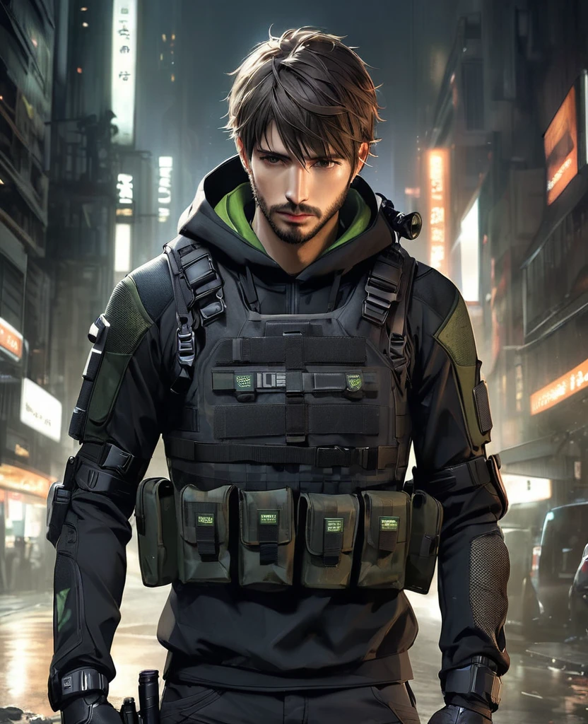 masterpiece, best quality, realistic, 1man, quiet young man, 21 years old, background: city at night, shoulder length hair, dark brown hair, skinny, depressed look, full stubble facial hair, medium hair, unkempt appearence, messy hair, masculine features, toned but thin, stubble facial hair, looking worn down, caucasion, white boy, facial hair, stubble, beard stubble, not muscular, wearing hoodie underneath, kevlar armor, swat tactical gear, splinter cell, sam fisher, post-apocalyptic,