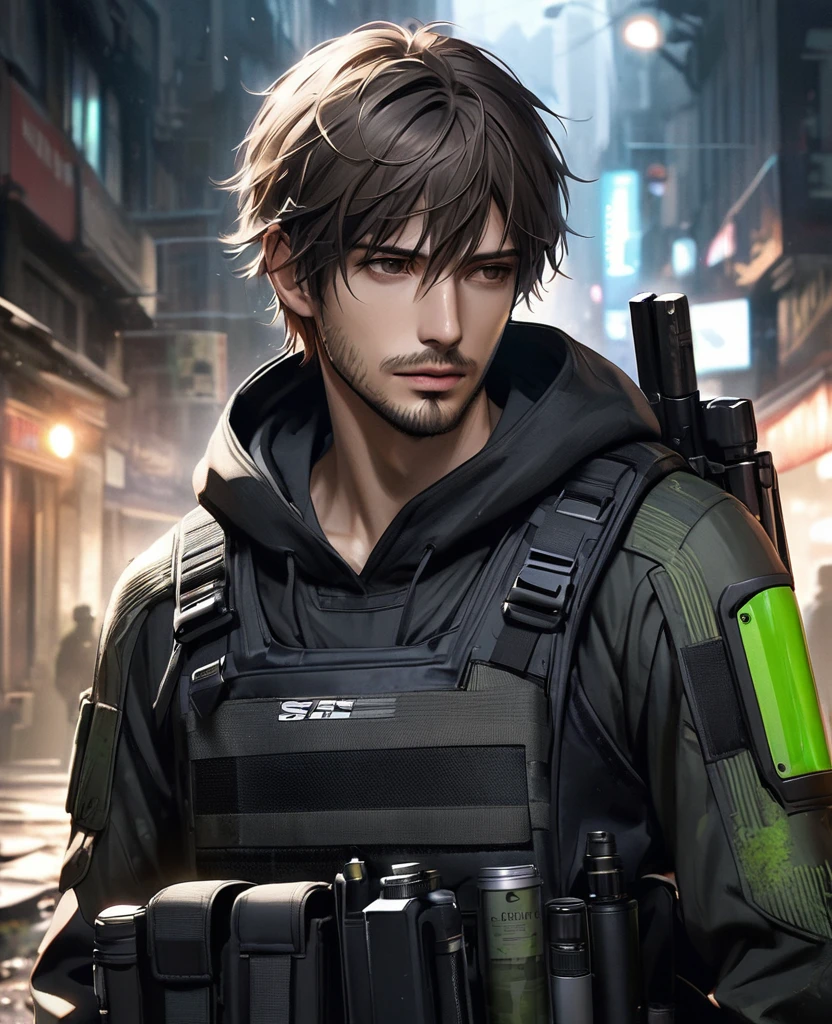 masterpiece, best quality, realistic, 1man, quiet young man, 21 years old, background: city at night, shoulder length hair, dark brown hair, skinny, depressed look, full stubble facial hair, medium hair, unkempt appearence, messy hair, masculine features, toned but thin, stubble facial hair, looking worn down, caucasion, white boy, facial hair, stubble, beard stubble, not muscular, wearing hoodie underneath, kevlar armor, swat tactical gear, splinter cell, sam fisher, post-apocalyptic,