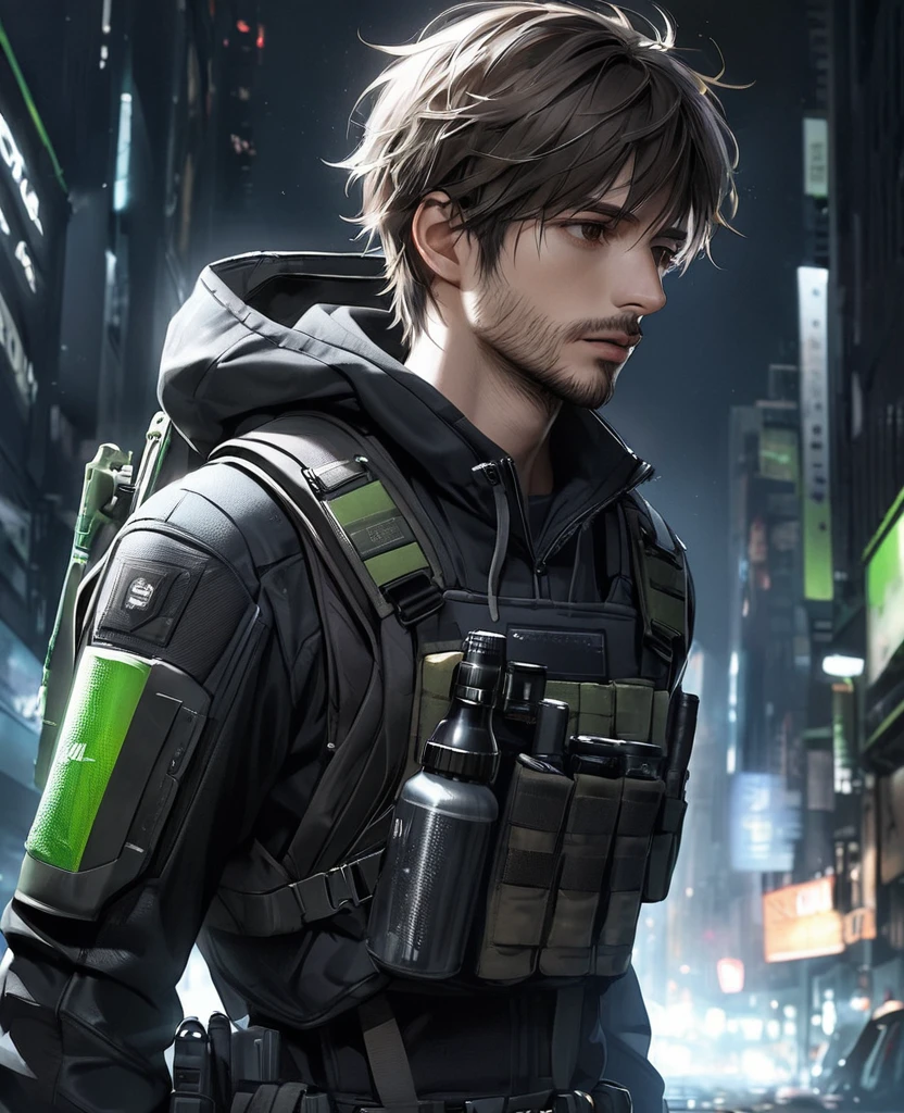 masterpiece, best quality, realistic, 1man, quiet young man, 21 years old, background: city at night, shoulder length hair, dark brown hair, skinny, depressed look, full stubble facial hair, medium hair, unkempt appearence, messy hair, masculine features, toned but thin, stubble facial hair, looking worn down, caucasion, white boy, facial hair, stubble, beard stubble, not muscular, wearing hoodie underneath, kevlar armor, swat tactical gear, splinter cell, sam fisher, post-apocalyptic,