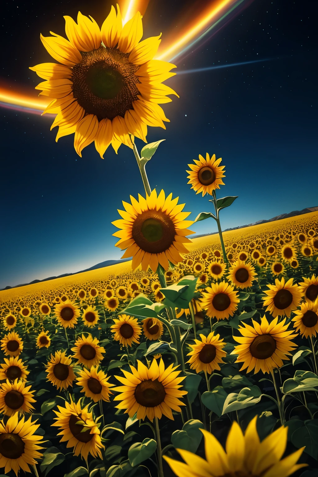 **SUNFLOWER FIELD. The artwork is rendered in a dynamic holographic style, creating a semi-translucent effect. The entire scene is illuminated by bioluminescent elements that glow in vibrant, otherworldly colors, emitting an ethereal light. The background is an abstract, shifting landscape where sky and ground blend seamlessly and pulse with a spectrum of colors and patterns. --ar 3:2 --style raw**