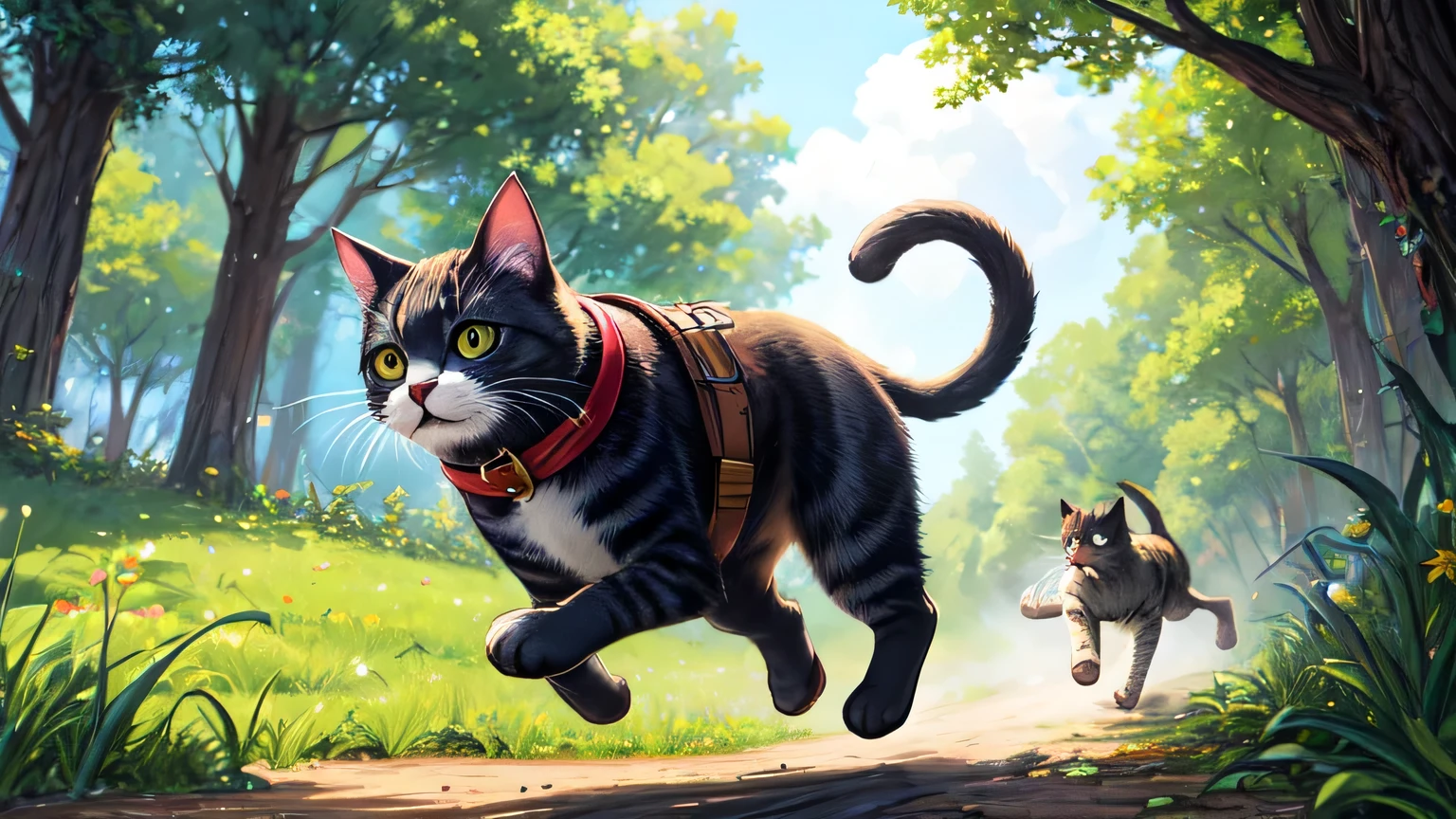 The cat runs towards adventure