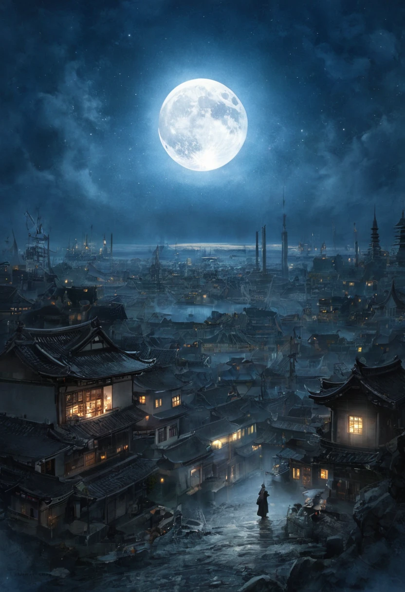 In the moonlight、Abe no Seimei in silent meditation、Surrounded by fantastic light