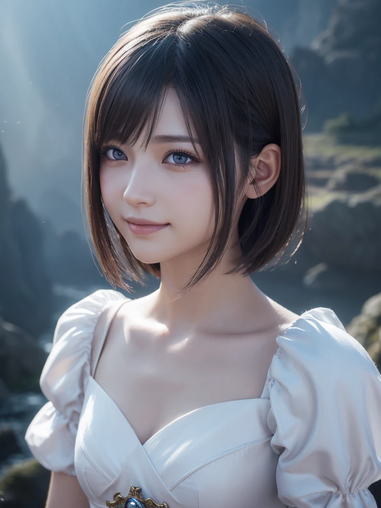 head shot,beautiful detailed eyes, droppy eyes,beautiful detailed lips, extremely detailed eyes and face, long eyelashes, 1japanese girl, fantasy character, (Final Fantasy, yuuna),smile,short hair,elegant white dress,break, blue long skirt,break,magical girl, highly detailed, fantasy landscape, dramatic lighting, glowing effects, mist, intricate details, volumetric lighting, cinematic composition, hyper realistic, 8k, best quality, masterpiece, photorealistic,Highres fix