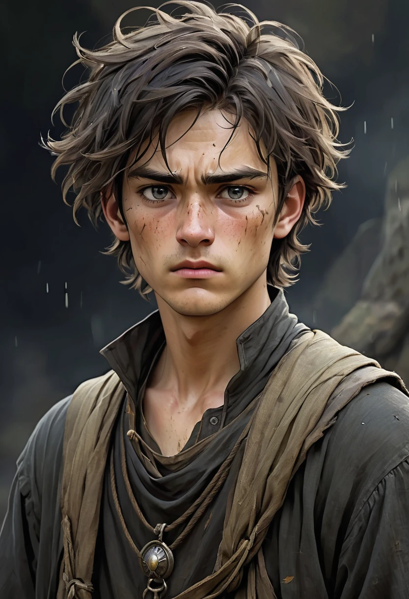 boy with a youthful appearance but marked by the hard experiences he has lived. His hair is dark, messy and may be a little longer than usual, with locks that fall on his forehead, reflecting lack of care due to their traumas. His eyes are intense, with an expression that shows both pain and determination. Color may be dark, with a brilliance that suggests emotional depth. His face has a serious and mature expression for his age., with lines of fatigue and worry. His jaw is firm, and his facial features are defined, showing signs of premature maturity due to their experiences. outfit: Wear simple dirty clothes, suitable for a young adventurer. A dark tunic, with worn details that indicate it has been through a lot. Clothing should have a practical appearance without unnecessary decorations. carries light pieces, like black gloves, that are not too ornate. These parts should have signs of wear, reflecting constant use and combat. His facial expression is serious and marked by sadness and fatigue.. Although he shows unwavering determination, His face also reveals the emotional burden he carries. May have a distant look, Like he's in his own world of pain.