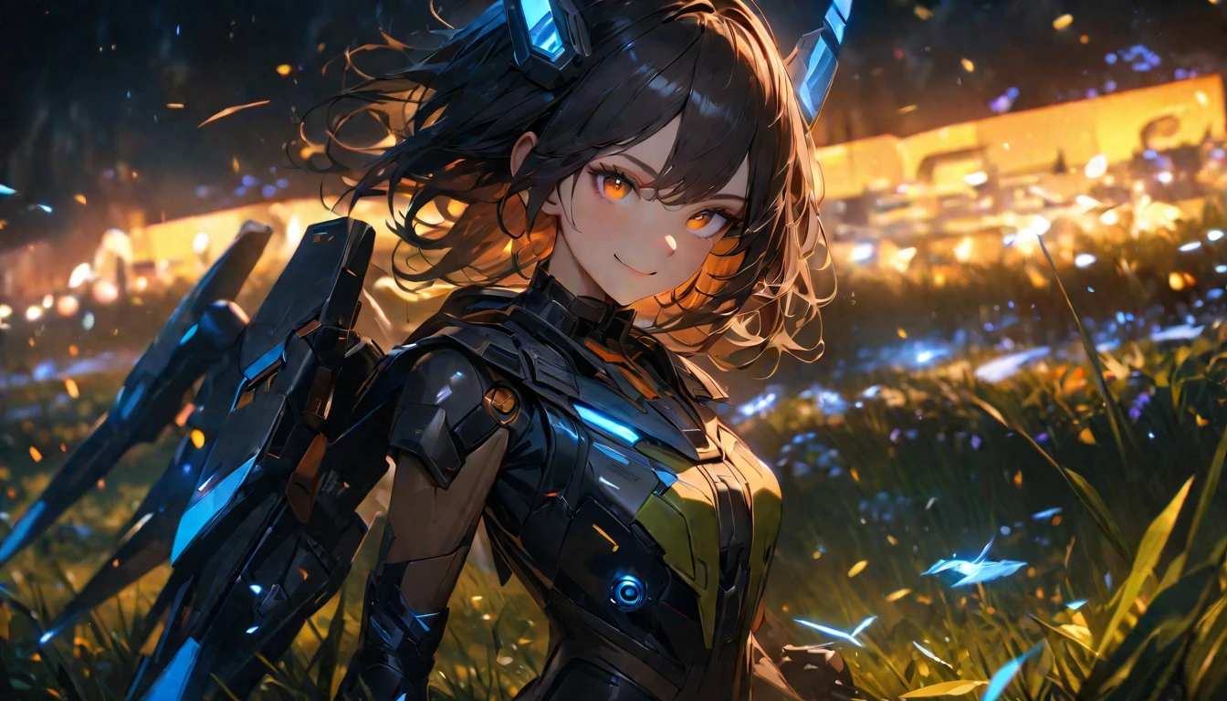 (Super detailed, ultra hd, 8k, best quality, masterpiece, super realistic, realistic light) girl, mecha girl, orange eye, detailed eye, perfect face, standing, smiling, charging (night, field,  smile environment)