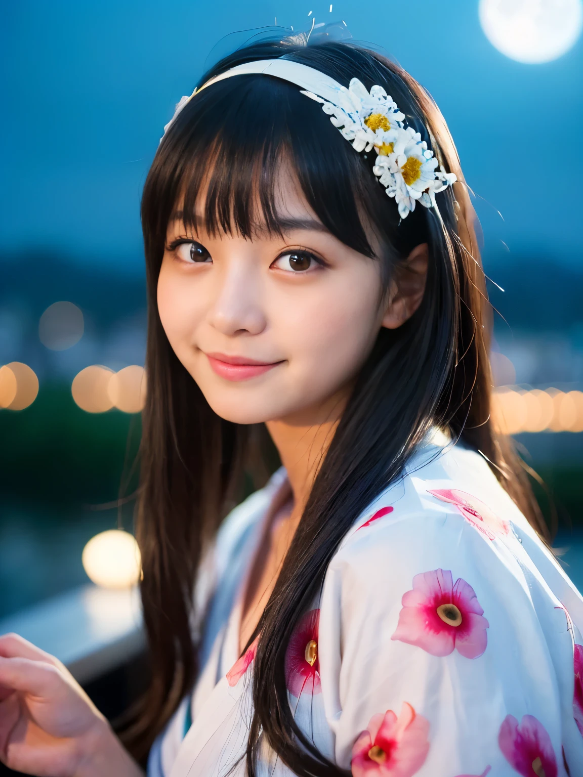 (Best-quality, Masterpiece, Ultra-High-Resolution, (Photorealistic:1.4), Raw Photo, depth of field, professional lighting, perfect anatomies, extremely details), (((Magnificent view):1.3)), (((late at night, at Japanese summer festival, beautiful night-sky, beautiful twinkle-stars, beautiful full-moon))), (1girl, the most famous -yeld Japse-idol, having fun at Japanese-summer-festival), (wearing summer-kimonos), ((extremely cute and extremely realistic face like the most popular Japanese-idol), (((extremely cute and extremely big black-eyes))), extremely cute lips, extremely cute long-eyelashes, ((extremely cute and extremely realistic skins))), (((innocent smile))), (((extremely beautiful hair)))