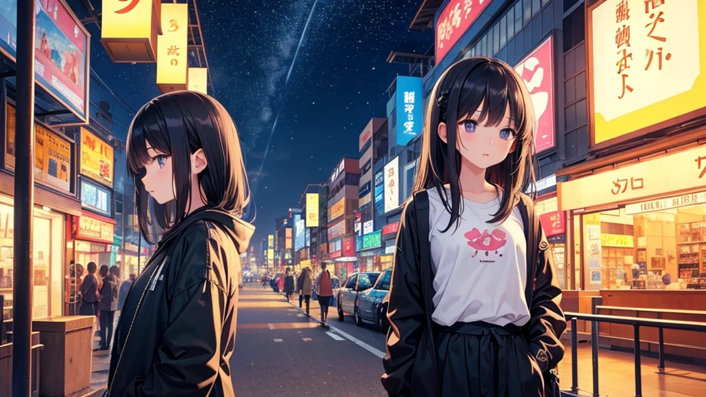 Traveling Inside the Zoo。A young girl with black hair wearing stylish clothes and headphones labeled "Lo-Fi" The girl is shown in profile, gazing into the distance with a calm, relaxed expression Background depicts the iconic scenery of Namba, Osaka at night, without any text on signs A starry night sky adding to the peaceful atmosphere Overall mood is quiet and serene, perfect for Lo-Fi music Detailed hair rendering and careful attention to the girl's fashionable outfit The entire scene should evoke a relaxing, introspective feeling associated with Lo-Fi music